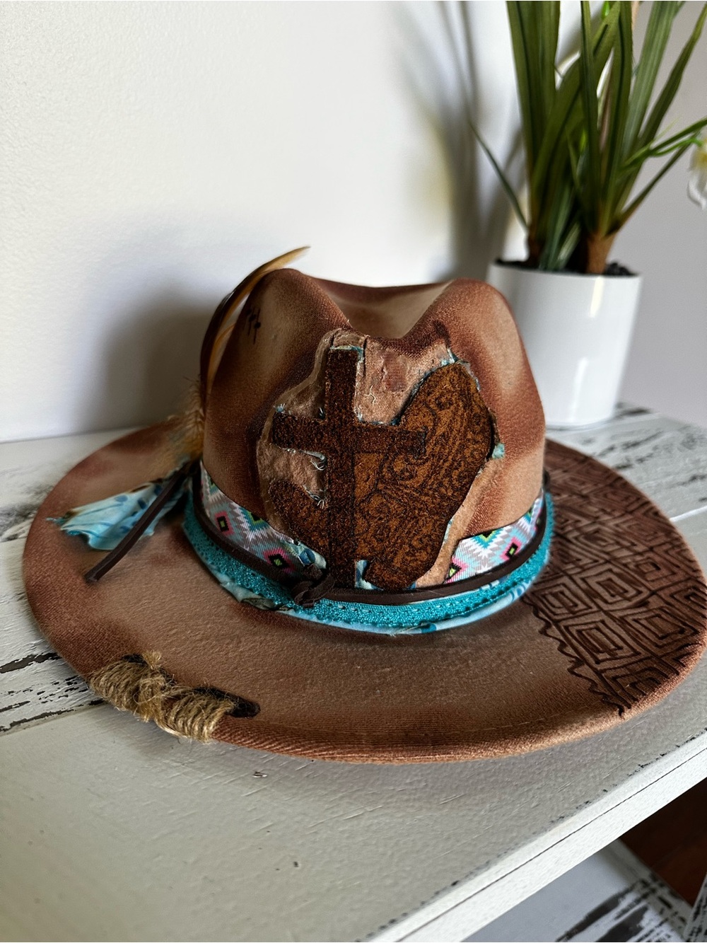 Custom Brown Felt Western Hat with Turquoise Trim